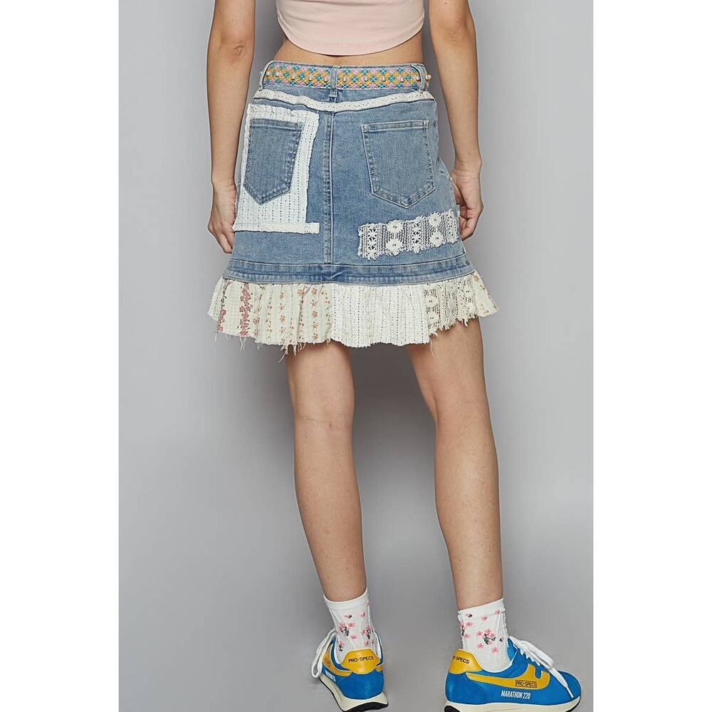 POL Denim Printed Patchwork Button Down Flare Mini Skirt - Picture 3 of 4